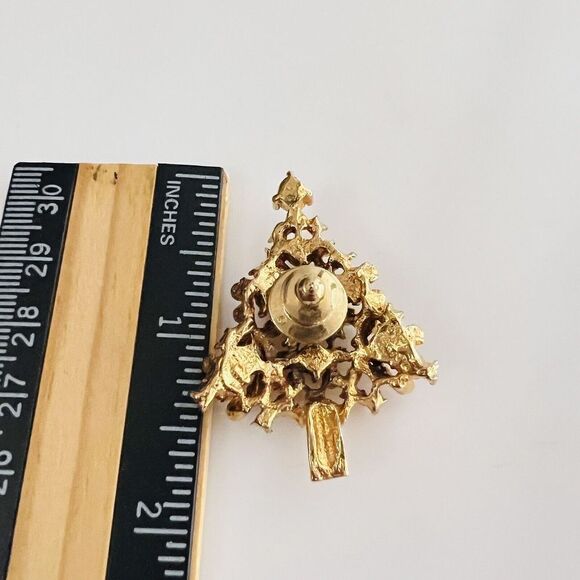 Vintage Christmas Tree Holiday Brooch Pin Gold Tone Multicolor Rhinestones 1151 - Picture 7 of 8